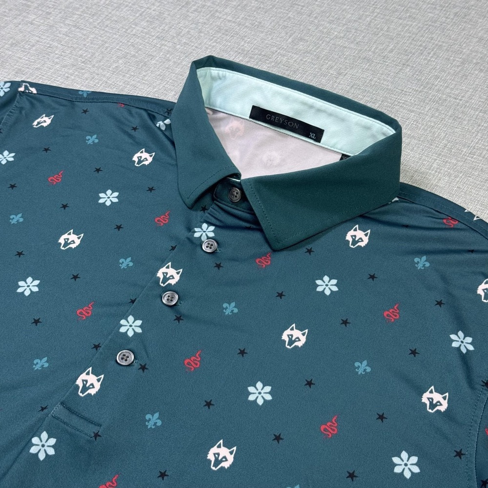 Greyson Floral GOAT Golf Polo Shirt Mens XL Green Wolf Graphic Print Performance